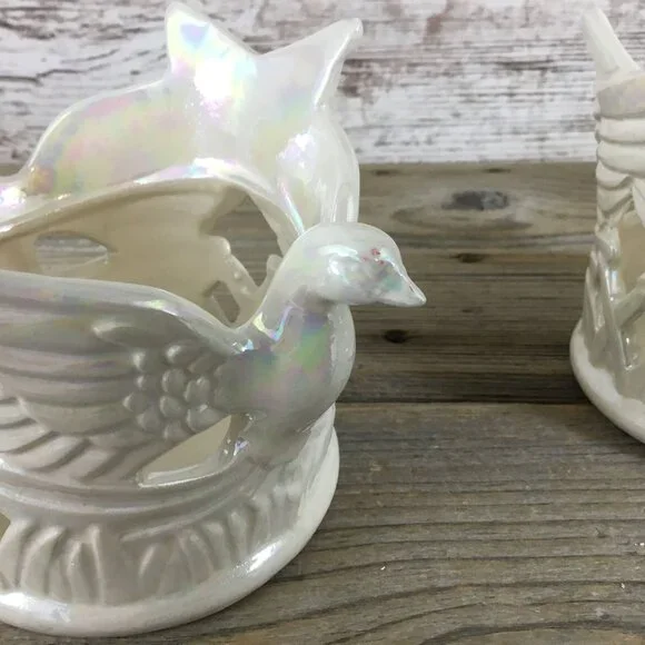 Set of 2 Ceramic Dove Bird & Star Votive Candle Holders Tall Pearl Iridescent - Picture 12 of 13